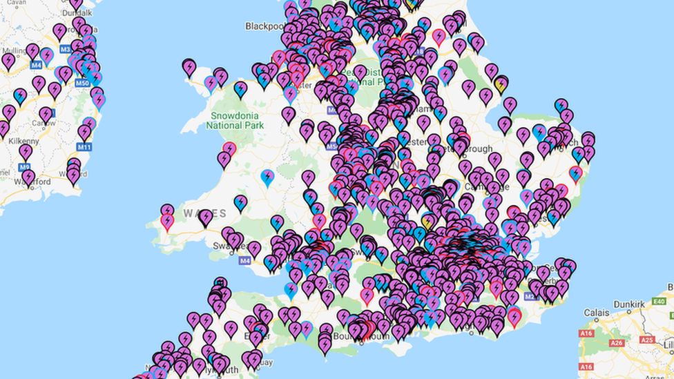 A map of rapid charging points in Wales and England