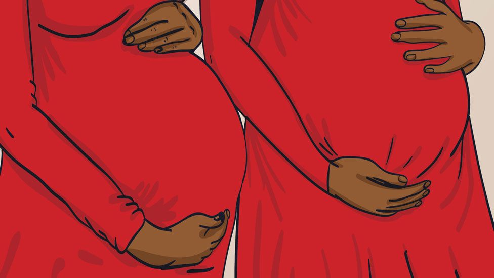 A graphic showing two pregnant women wearing red dresses