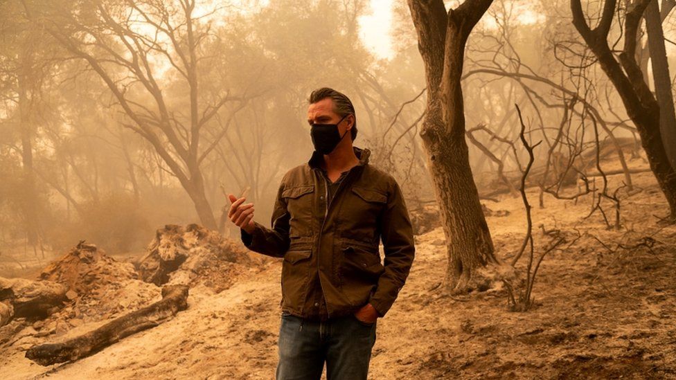 California Governor Gavin Newsom surveys damage caused by the North Complex Fire in Butte County, California, USA, 11 September 2020