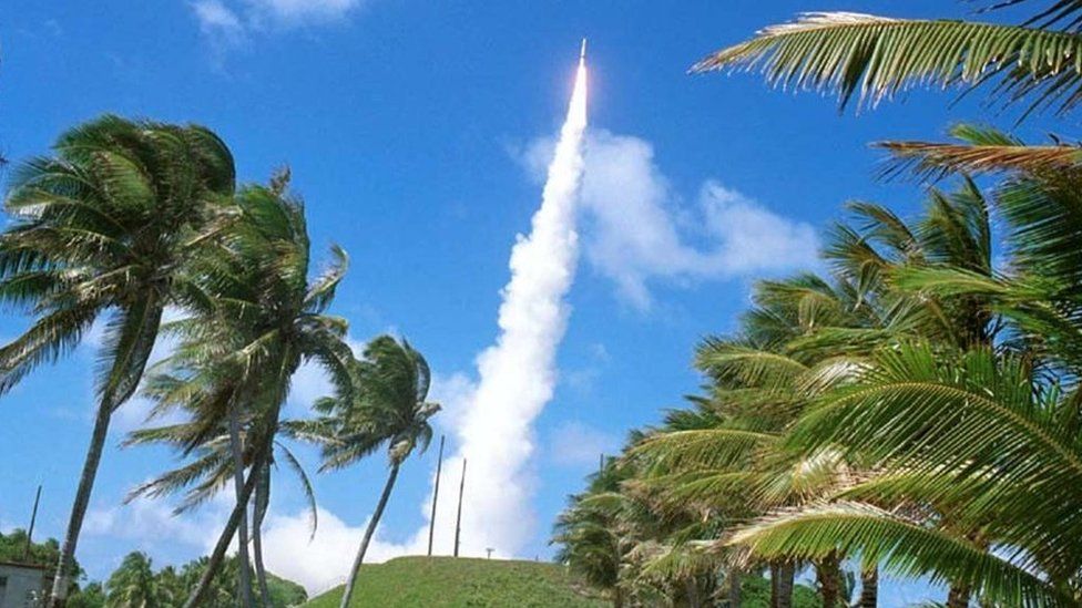 A missile being is launched from the US base at Kwajelein atoll on the Marshall islands