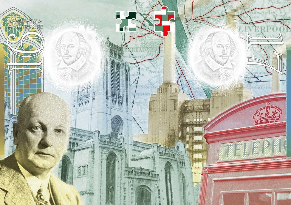Passport pages showing Sir Giles Gilbert Scott, Liverpool Cathedral, Battersea Power Station and a red telephone box
