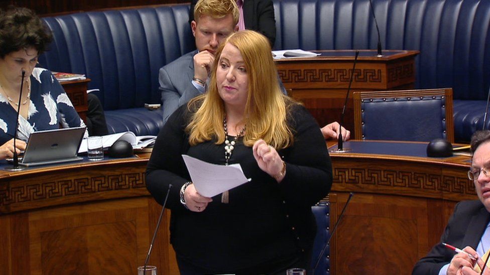The Alliance Party's Naomi Long speaking in the Northern Ireland Assembly chamber