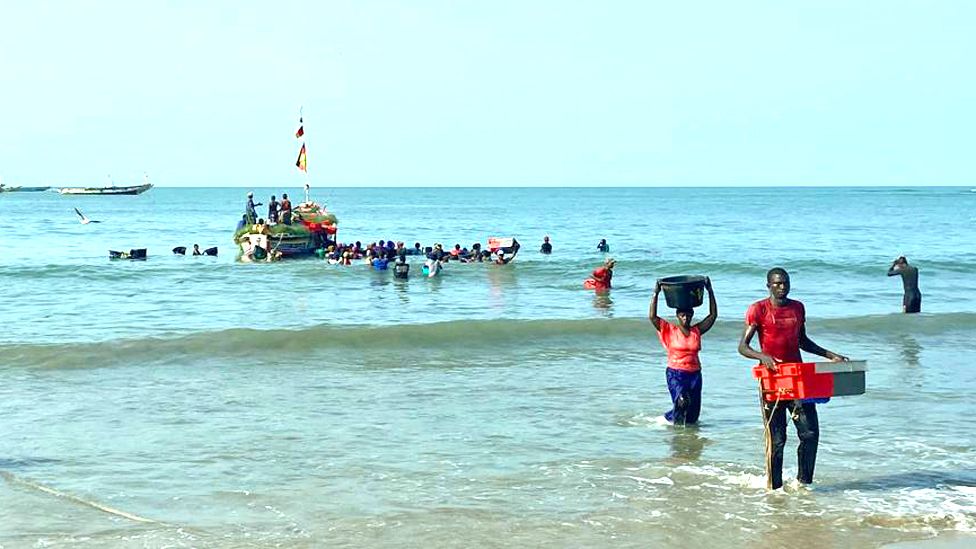 People carrying baskets in fish in Gunjur, The Gambia