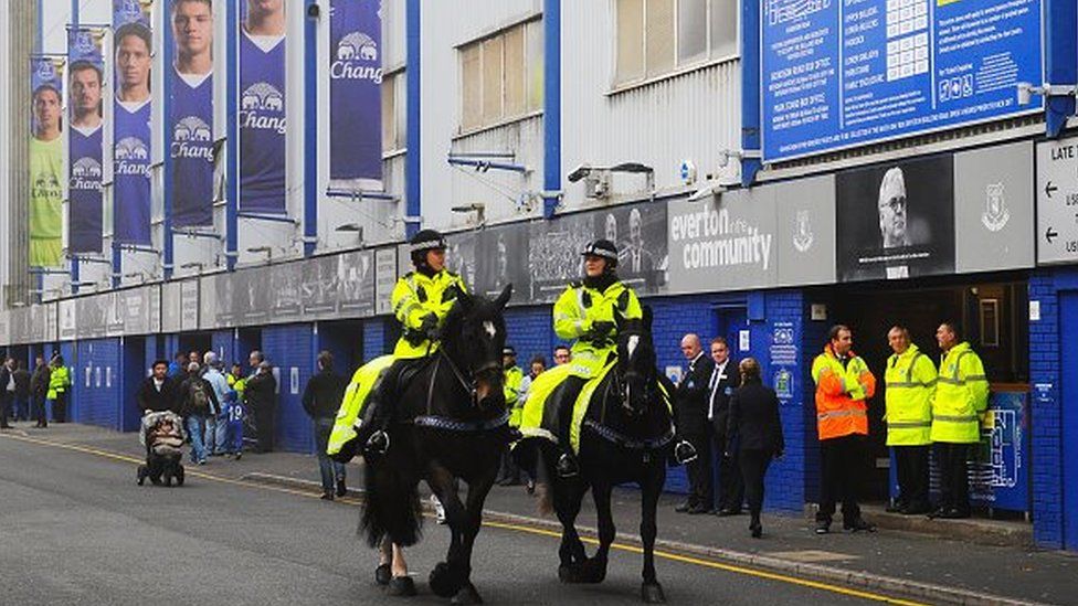 Mounted police patrolled outside the stadium before the Everton and Sunderland match at Goodison Park earlier