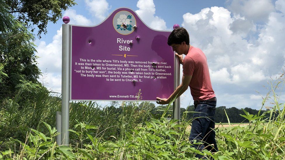 Patrick Weems at the sign marking where Till's body was recovered