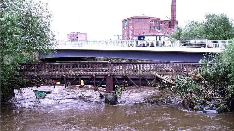 The River Don flooded at Corporation Street in Sheffield in June 2007.