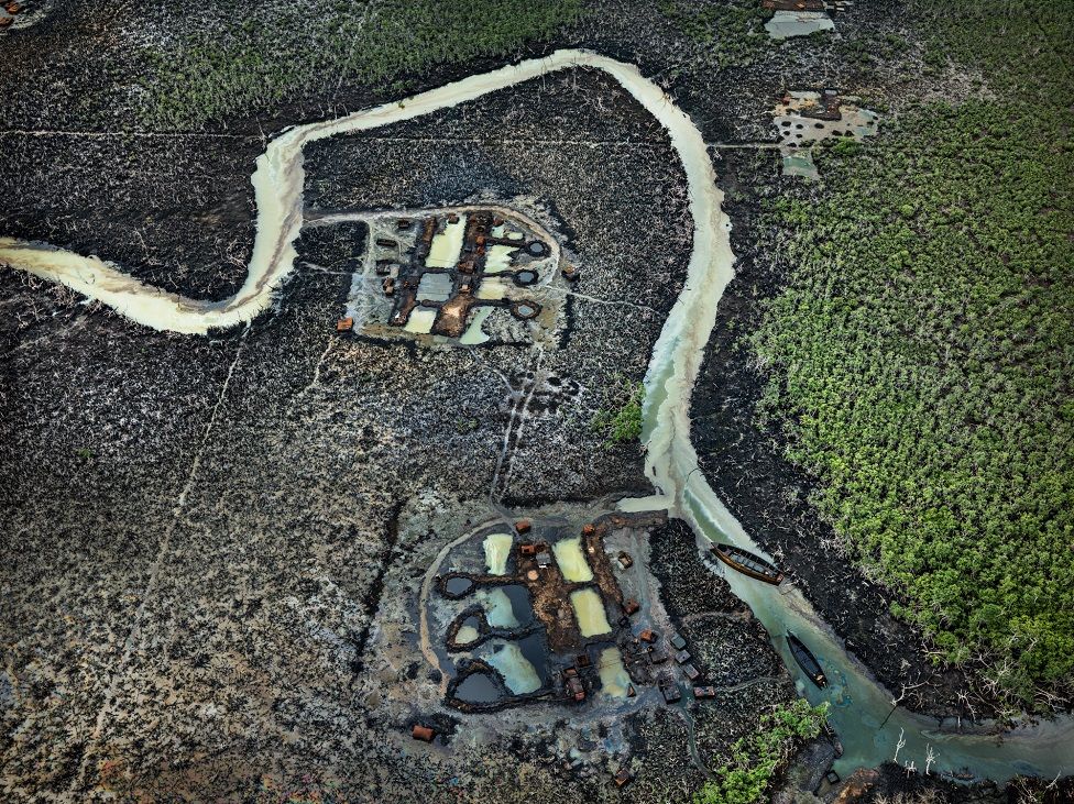 Nigeria land polluted by oil seen from above