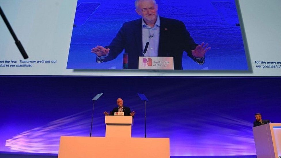 Jeremy Corbyn speaking at the Royal College of Nursing annual conference