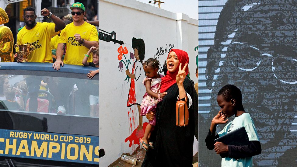 L: South Africa's winning Rubgy World Cup team C: A woman celebrating in Khartoum, Sudan R: Someone pictured in front of an image of Zimbabwe's former President Robert Mugabe