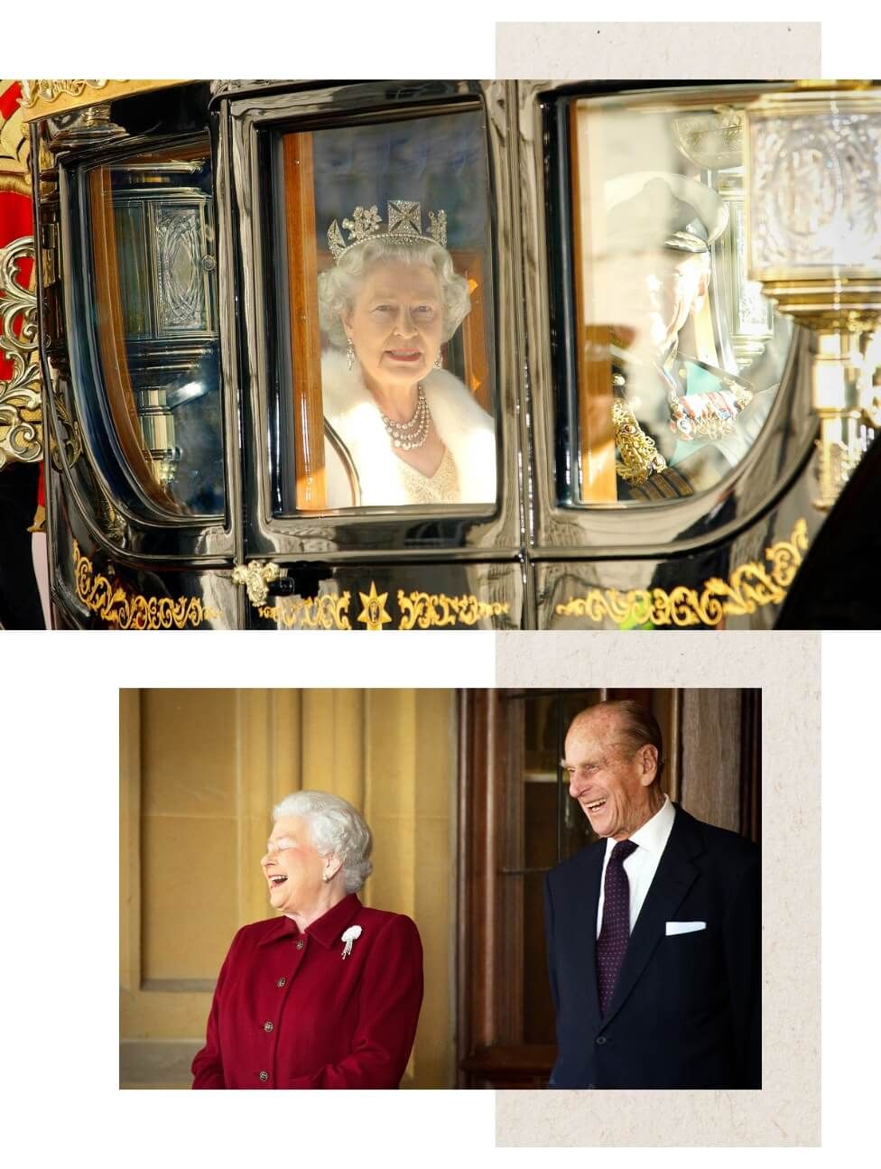 Two pictures of the Queen, one wearing a crown and riding in a carriage on her way to the state opening of parliament in 2002, the other standing next to Prince Philip, with the both of them laughing, in 2014