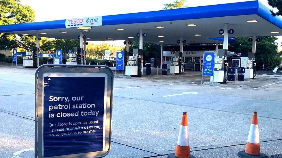 A closed Tesco petrol station in Bournemouth, England