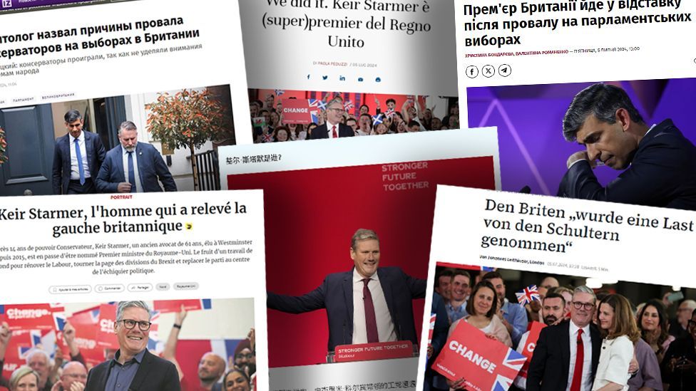 A selection of headlines and images of reaction to the UK elections from international news outlets