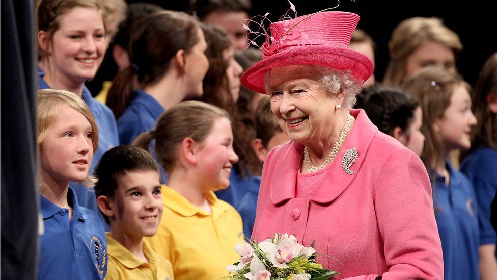 HM Queen Elizabeth II meets schoolchildren as she visits the Venue Cymru Arena on April 27, 2010 in Llandudno