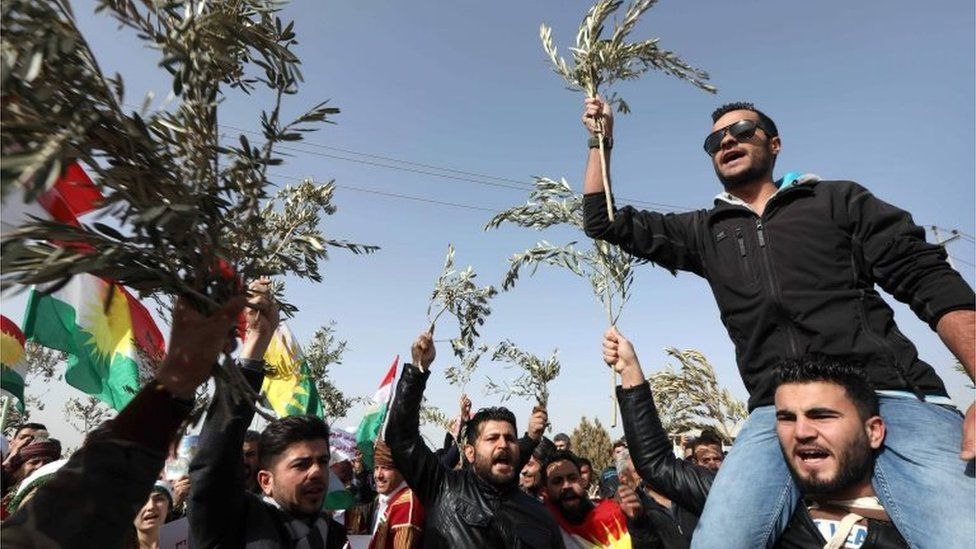 Syrian Kurds, holding olive branches, protest against Turkish attacks on Afrin (23/01/18)