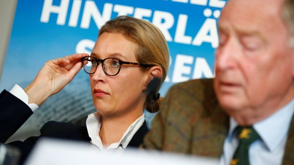 Co-lead of Afd party pictured at a press conference. Alice Weidel is in focus and holding her glasses.