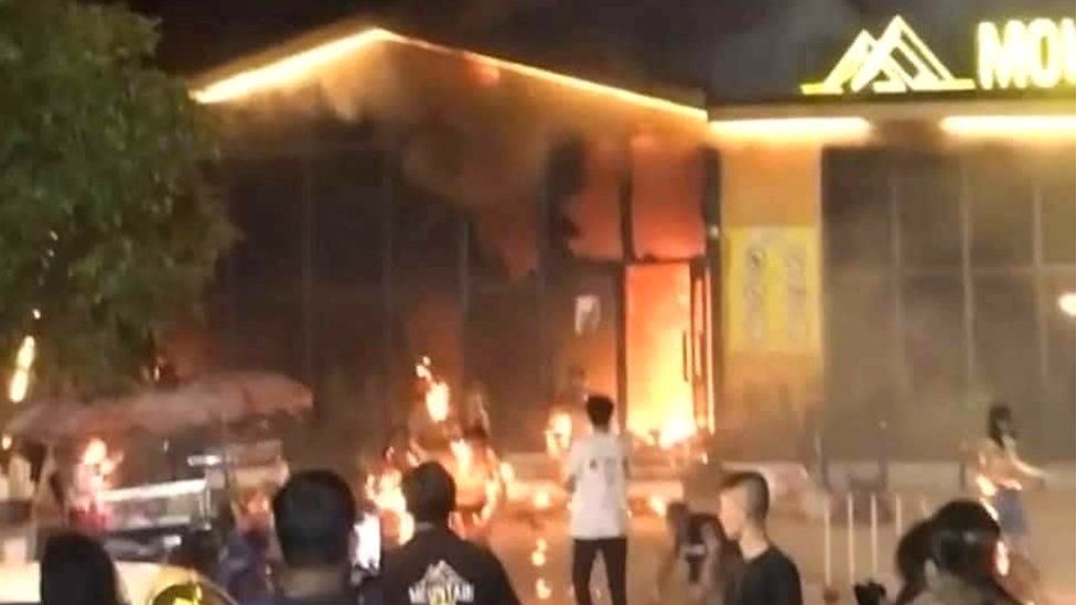 Flames engulfing Mountain B nightclub in Sattahip district in Chonburi, Thailand