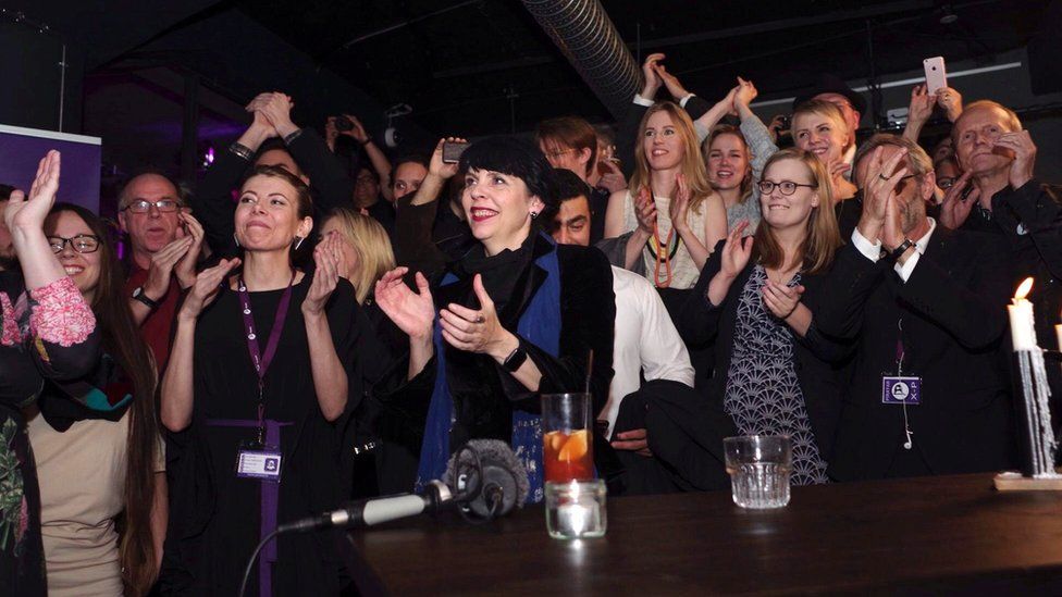 Birgitta Jonsdottir (C) of the Pirate Party and fellow pirates celebrate the incoming results of parliamentary elections in Iceland, October 29, 2016