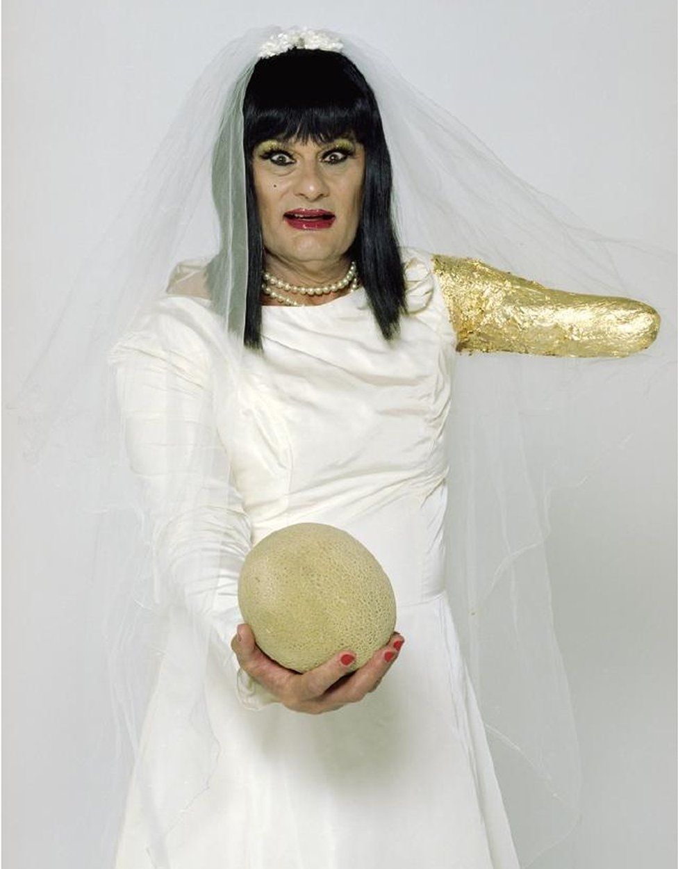Artist Mike Parr dressed as a bride