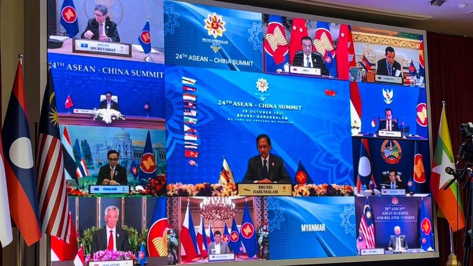 Sultan Hassanal Bolkiah taking part in the Asean-China Summit in October 2021