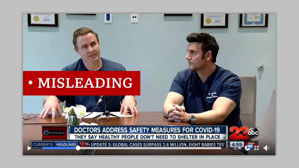 Two California doctors interview on TV. Screenshot labelled "misleading"