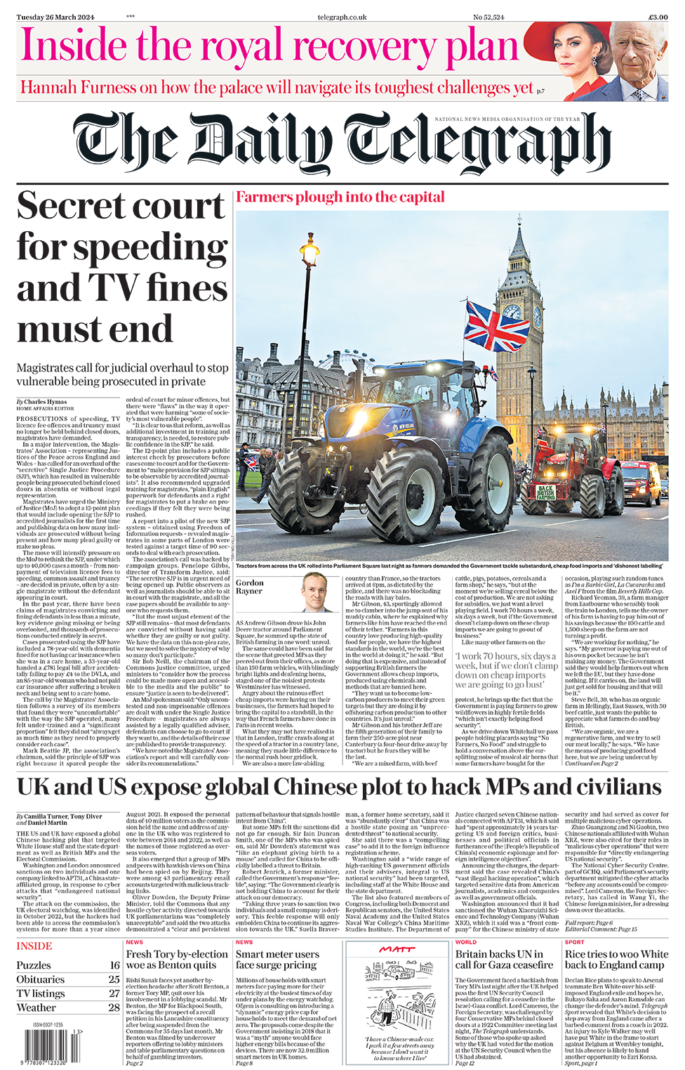 The main headline on the front page of the Daily Telegraph reads: "Secret court for speeding and TV fines must end"