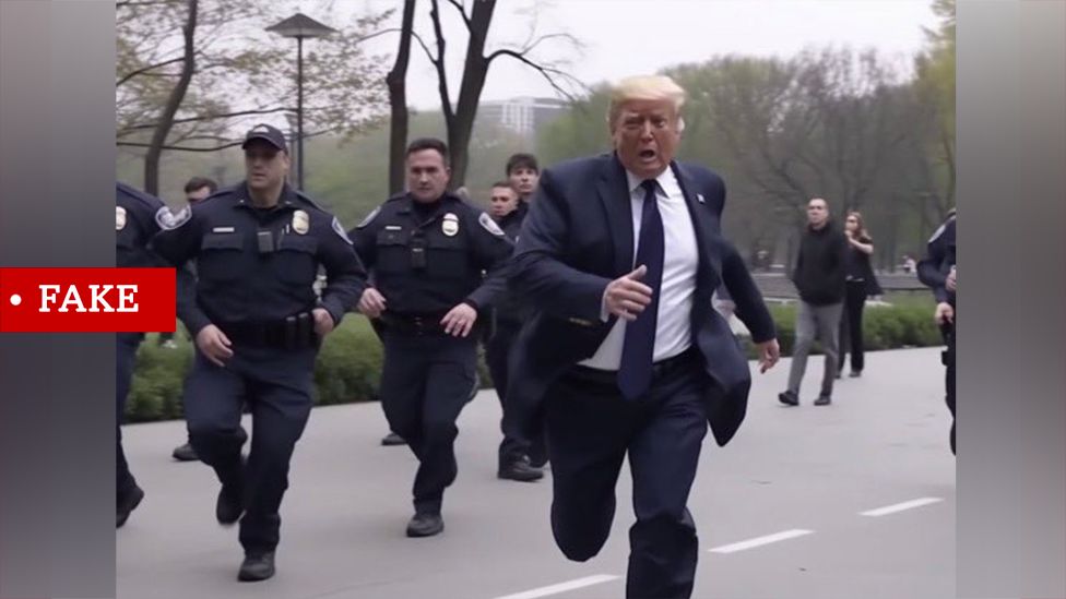 Fake image of Donald Trump running from police