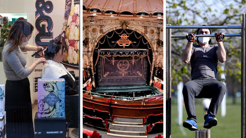A three picture composite of a hairdresser works in London on 18 March 2020, a deserted Coliseum Theatre in London on 11 June 2020 and person uses outdoor gym in Clapham on 24 March 2020