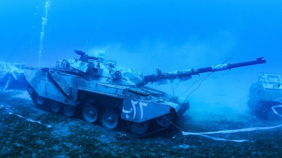 A tank lies on the seabed of the Red Sea off the coast of the southern port city of Aqaba