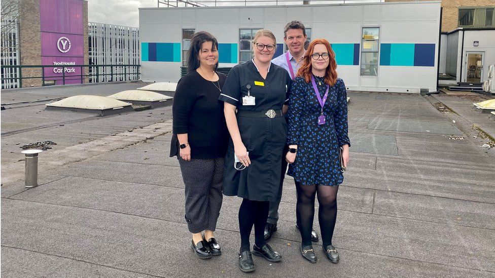 Consultant Anaesthetist Bozena Lassota-Korba, Elective Care Matron Kelly Hutchins, Orthopaedic Consultant Mr Matt Hall and Operational Service Manager Cara O'Keefe at the planned site for the new ward at Yeovil District Hospital