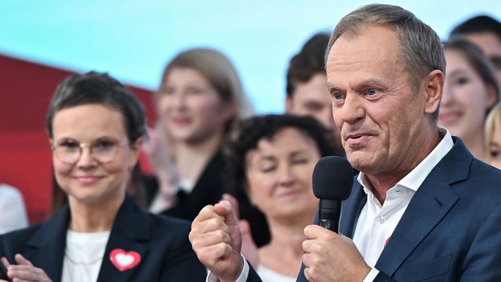 Donald Tusk speaks during Law and Justice party parliamentary elections night in Warsaw
