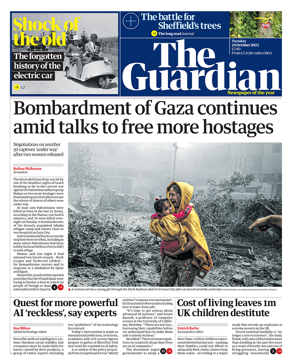 Titulli në Guardian thotë: "Bombardimi i Gazës vazhdon mes bisedimeve për lirimin e më shumë pengjeve"