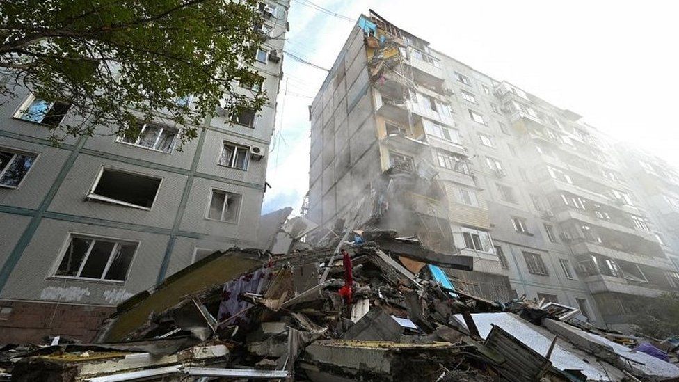 A view shows a residential building heavily damaged by a Russian missile strike in Zaporizhzhia, Ukraine, on 9 October 2022