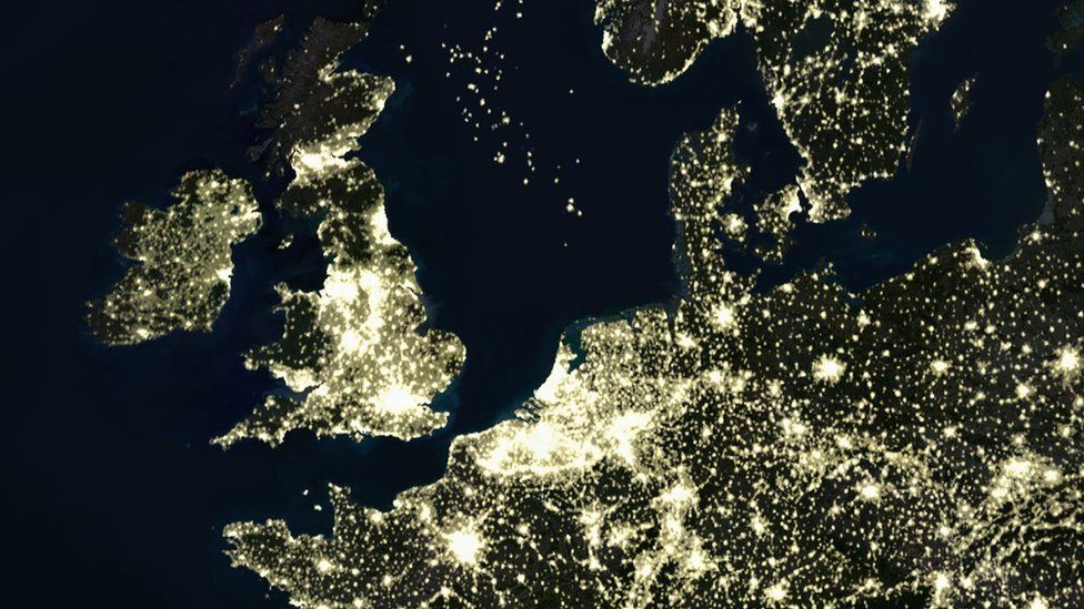 A satellite image of Europe at night