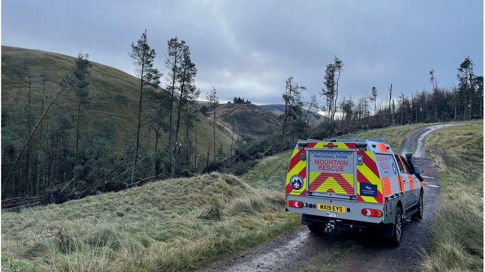 Mountain rescue truck on hillside track next to fallen tree