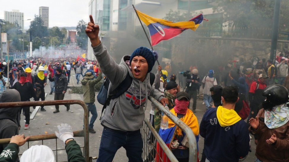 Demonstrators take part in a protest against President Lenin Moreno"s austerity measures in Quito, Ecuador, October 8, 2019