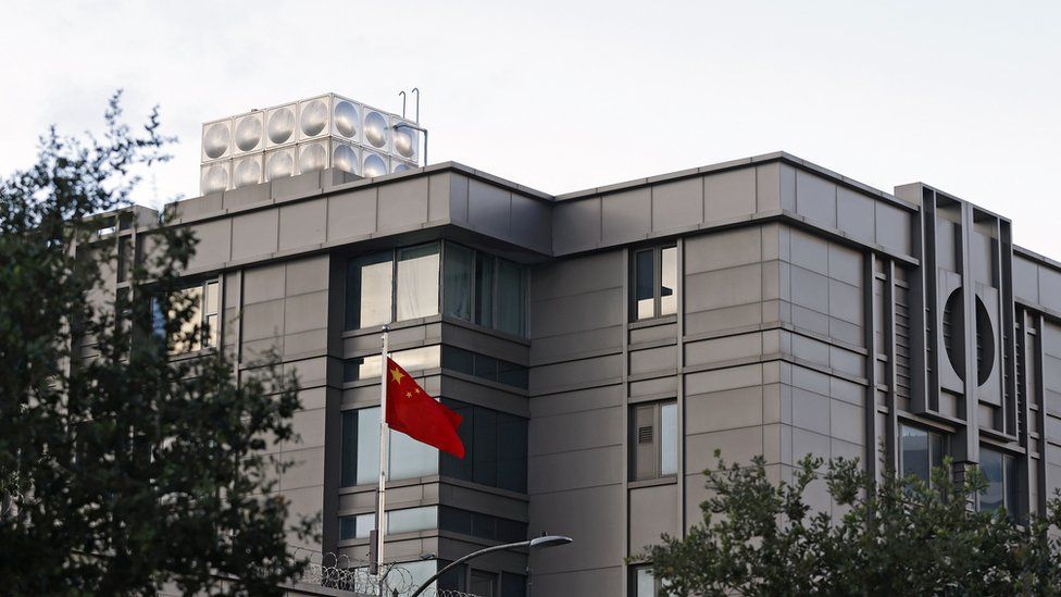 The flag of China flies outside the Chinese Consulate office on Montrose Blvd. in Houston, Texas