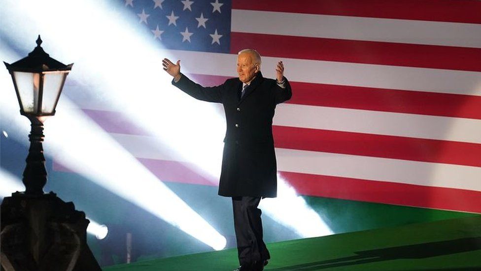 Joe Biden arrives on stage to deliver a speech in Ballina, on the last day of his visit to the island of Ireland