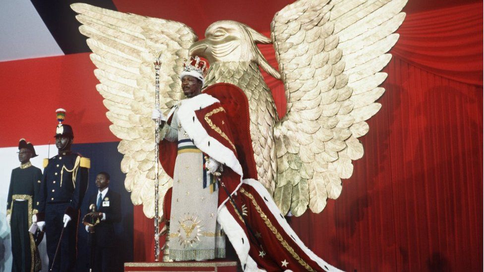 Self-proclaimed emperor of Centrafrican empire, Jean-Bedel Bokassa stands 04 December 1977 on his throne after crowning himself in Bangui, following Napoleon's example