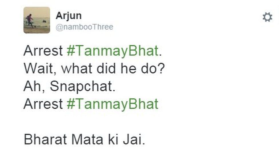 Arrest #TanmayBhat. Wait, what did he do? Ah, Snapchat. Arrest #TanmayBhat Bharat Mata ki Jai.