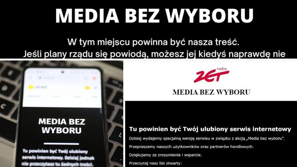 Websites' front pages carried messages including the simple slogan "media without choice"