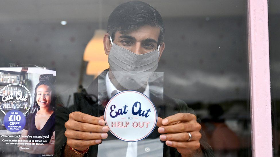 Rishi Sunak putting up an "Eat Out to Help Out" sticker