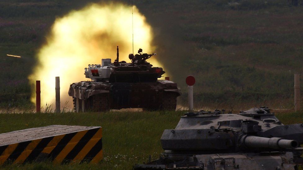 A T-72 tank, operated by a crew from Angola, fires at a target during the Tank Biathlon competition, part of the International Army Games 2017, at a range in the settlement of Alabino outside Moscow, Russia, July 29, 2017