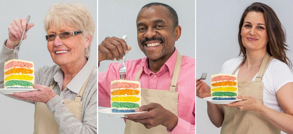 The Great British Bake Off contestants with some rainbow cake