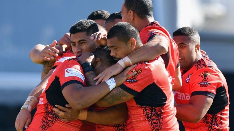 Tonga celebrate scoring against Lebanon as they reached the semi-final of the World Cup for the first time