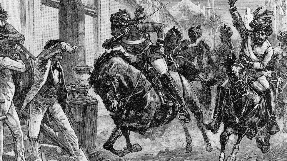 Armed horsemen attacking civilians in the streets of Delhi during the Indian Mutiny, 1857.