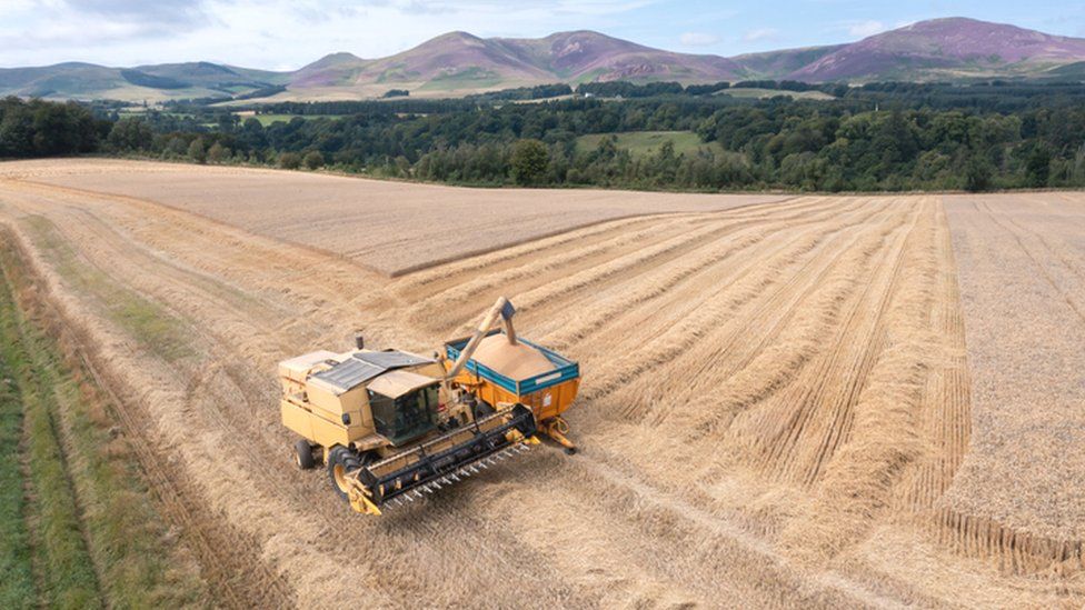 Combine harvester at Scottish farm