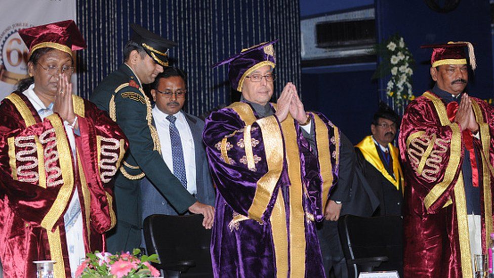 President Pranab Mukherjee, Governor Droupadi Murmu and Jharkhand Chief Minister Raghubar Das during the inauguration of Diamond Jubilee celebrations and the 26th Convocation of the Birla Institute of Technology, Mesra, on January 10, 2016 in Ranchi, India.