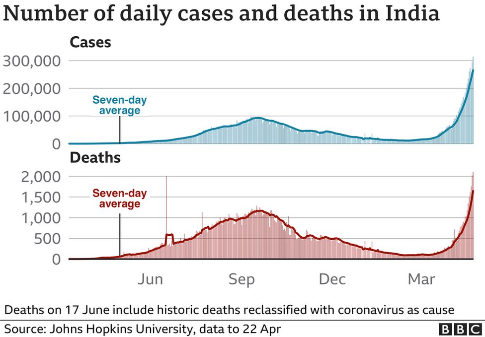A graph showing daily cases and deaths in India