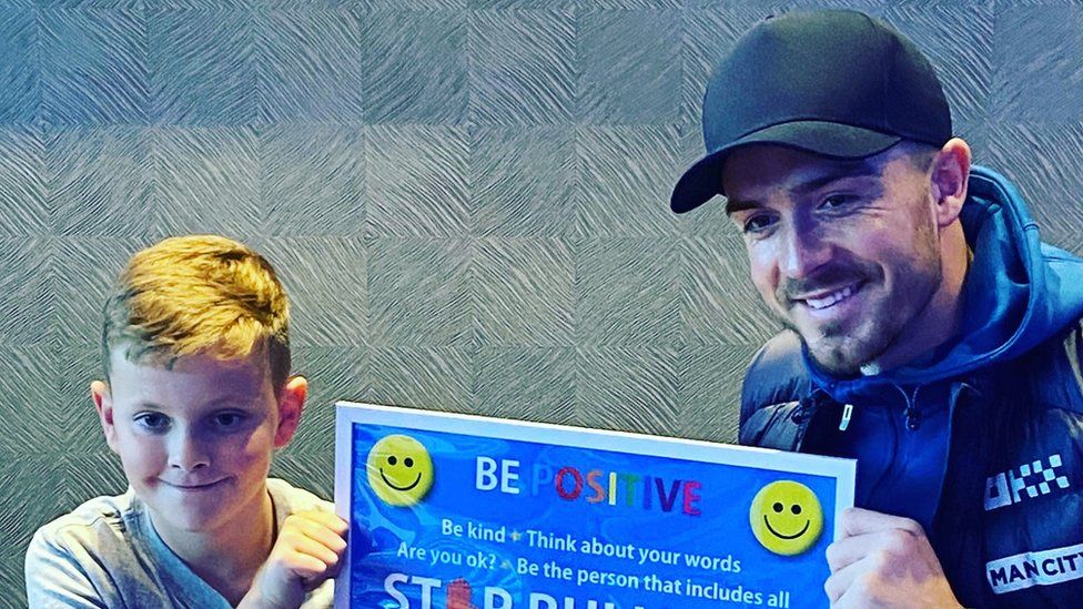 Alfie with Jack Grealish and his anti bullying poster