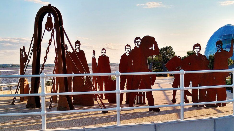 The steel sculpture depicts the crew of a trawler